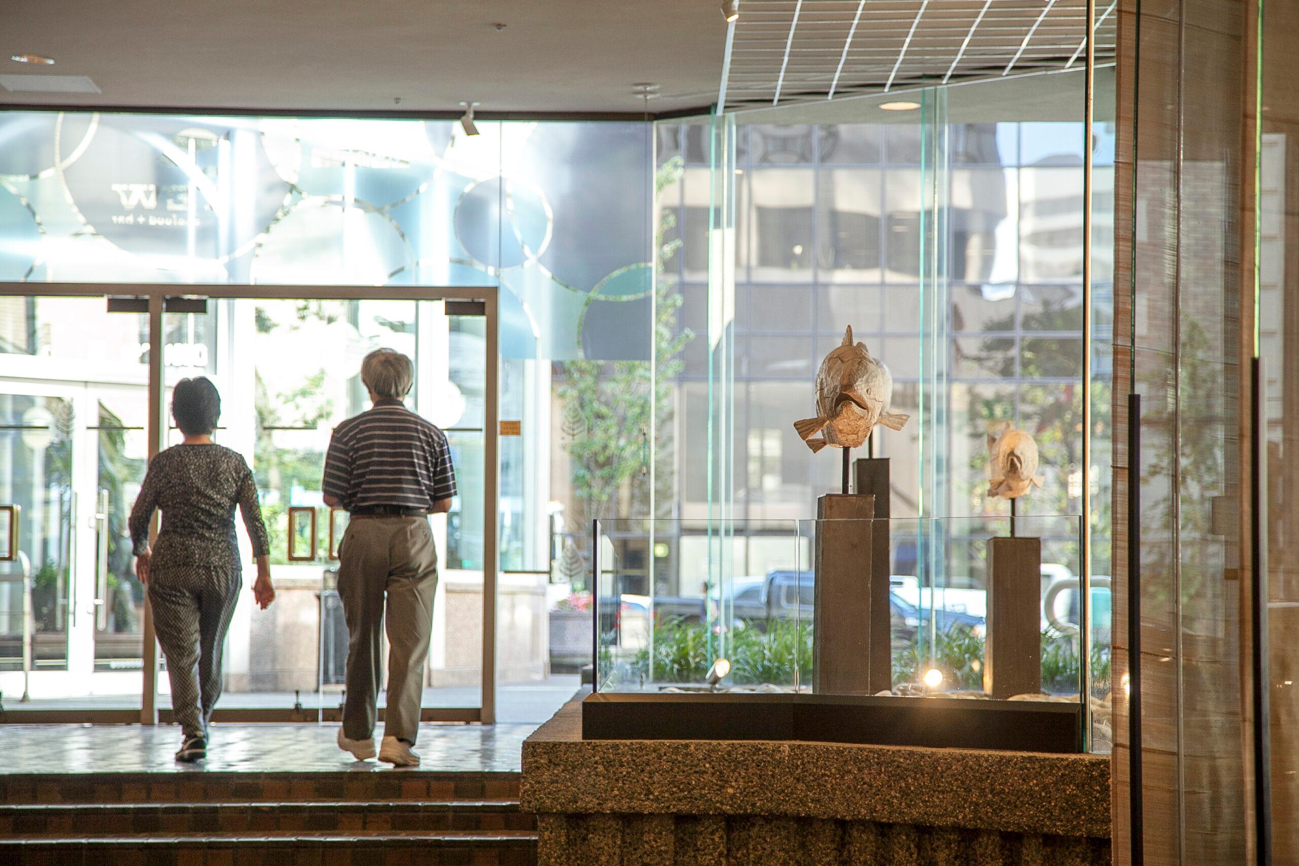 salmon sculptures at hotel