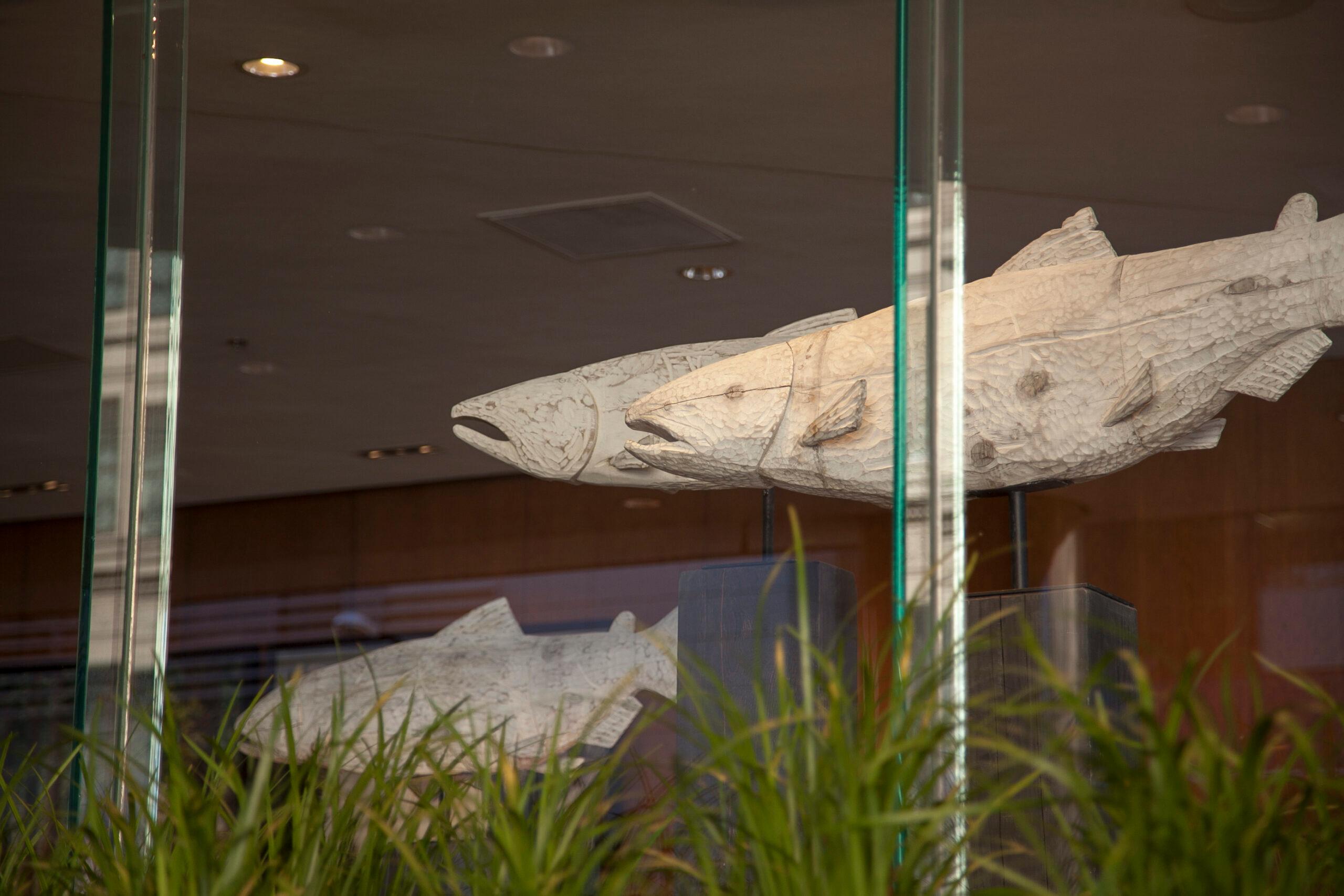 salmon sculptures at hotel