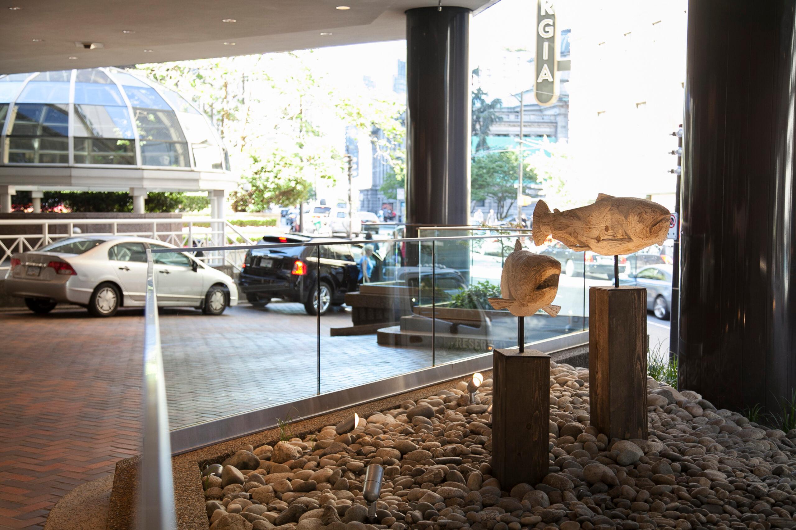 salmon sculptures at hotel