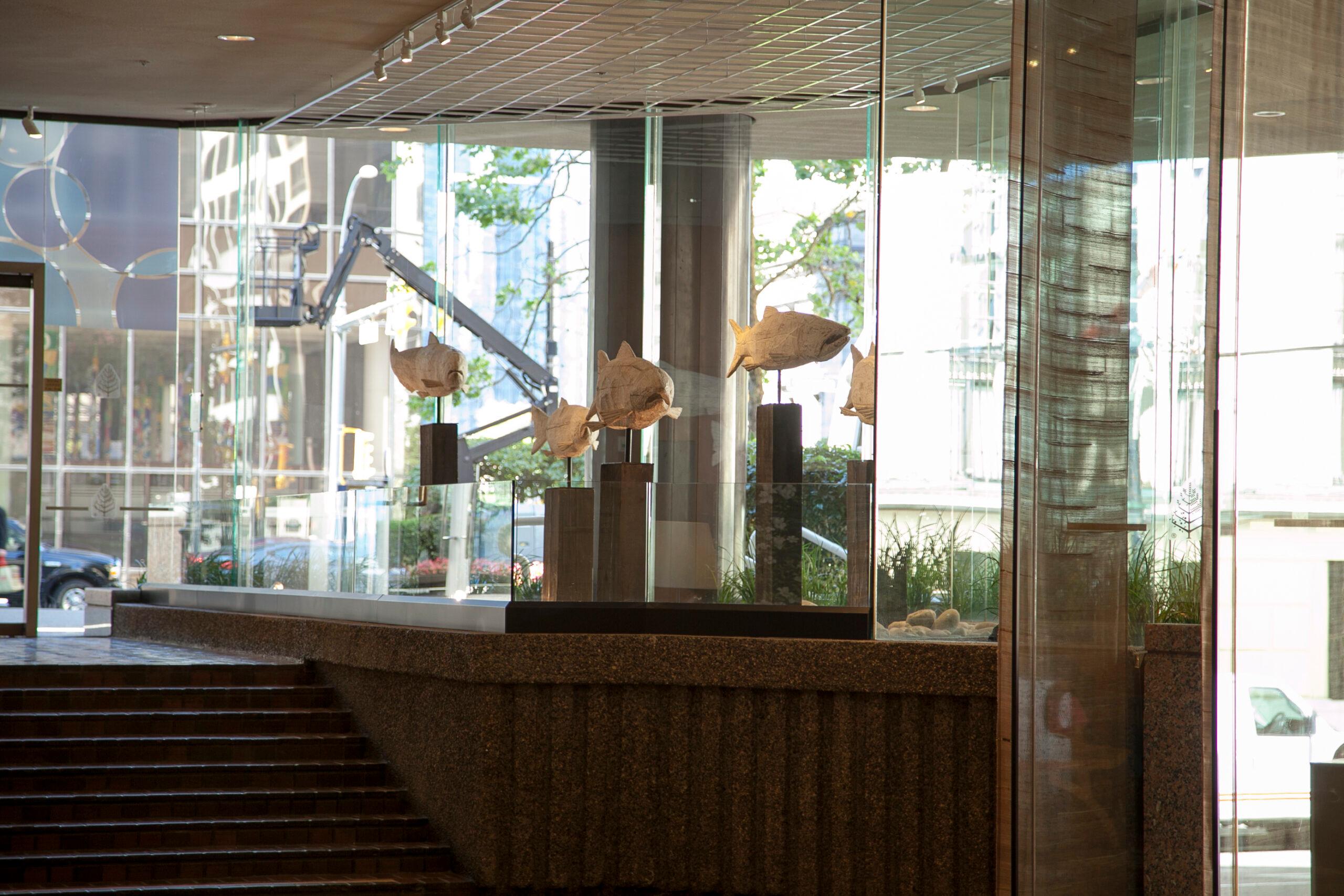 salmon sculpture installation at hotel